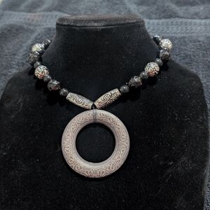 Boho Black Beaded Necklace Silver Tone Donut Ring Pendant Tribal Style